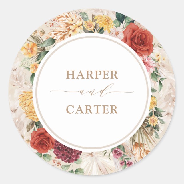 Sticker Rond Rustique Tropical Boho Pampas Grass Mariage Floral (Devant)