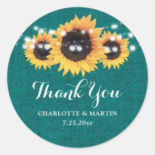 Sticker Rond Rustique Turquoise Burlap Sunflower Mariage Faveur
