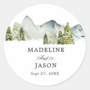 Sticker Rond Rustique Verdure Forêt Montagnes Script Mariage