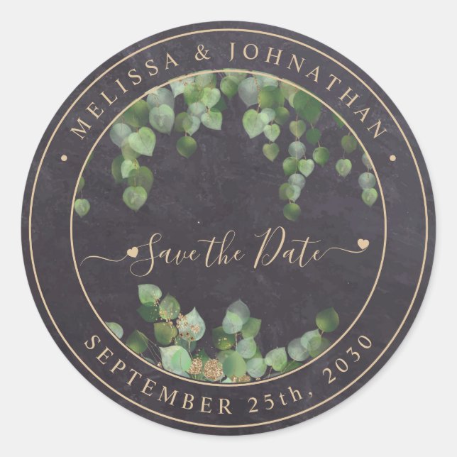 Sticker Rond Rustique Verdure Mariage Or Enregistrer La Date (Devant)