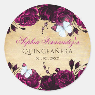 Sticker Rond Rustique Vintage Rose Fleur Papillon   