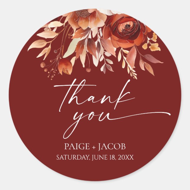 Sticker Rond Rusty Burgundy Brown Floral Flower Wedding (Devant)