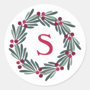 Sticker Rond "S" Monogramme Holly Berry Wreath