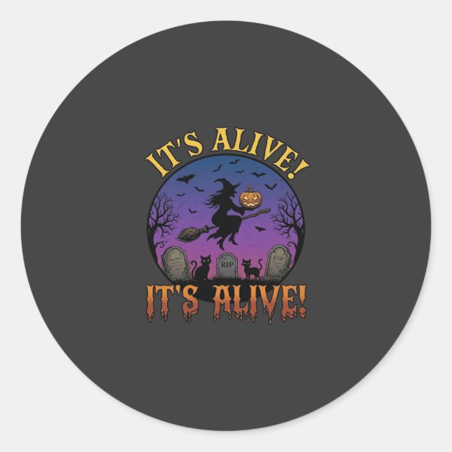 Sticker Rond Sa Sorcière d'Halloween Citrouille Chat Noir Tombe (Devant)