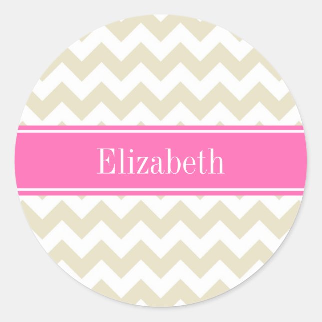 Sticker Rond Sable Beige Blanc Chevron Hot Pink #2 Nom Monogram (Devant)