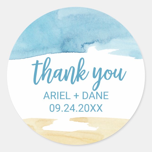 Sticker Rond Sable d'aquarelle et Merci de mer Favoriser (Devant)