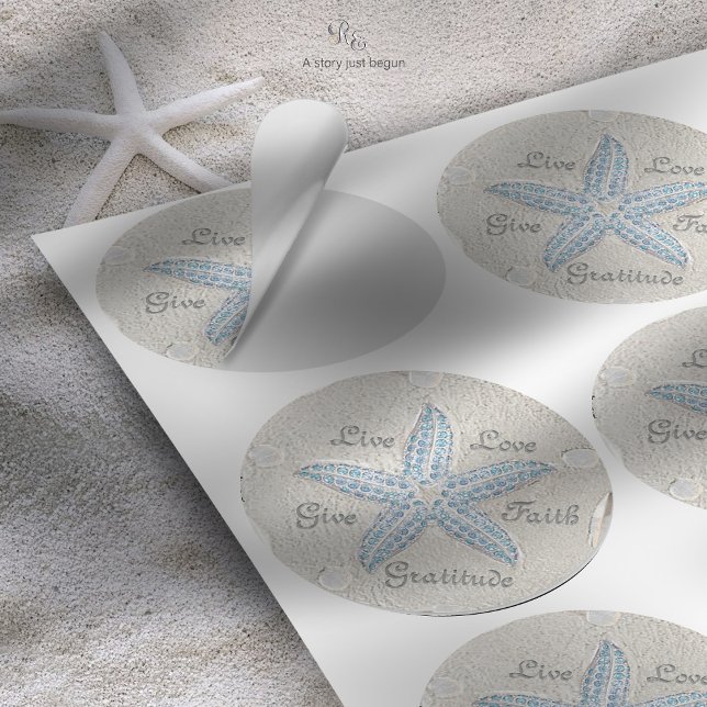 Sticker Rond Sable Dollar Starfish Gem (Elegant starfish gem sticker, reminiscent of a sand dollar, with customizable words for your wedding)