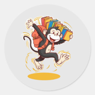 Sticker Rond Sac à dos caricaturale de l'école de singe et livr
