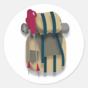 Sticker Rond Sac à dos, poupée et bâtons marchants randonnées