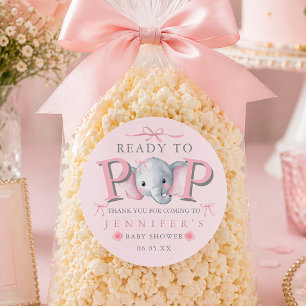 Sticker Rond Sac à popcorn pour Baby Shower éléphant "Prêt à éc