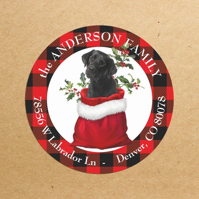 Sticker Rond Sac cadeau Black Lab Plaid Frame Adresse de retour (Créateur téléchargé)