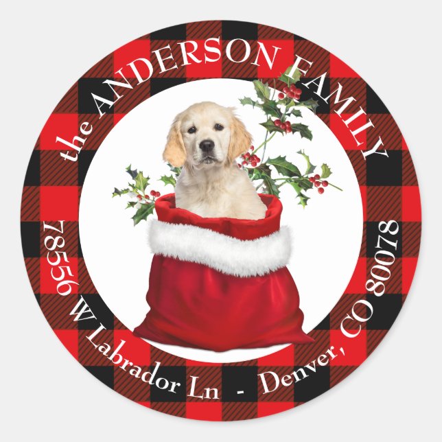 Sticker Rond Sac cadeau Golden Retriever Plaid Frame (Devant)