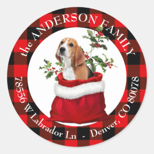 Sticker Rond Sac cadeau mignon Beagle Chien Plaid Cadre