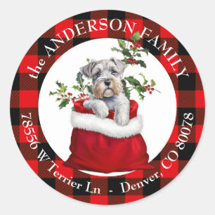 Sticker Rond Sac cadeau Schnauzer Chien Plaid Frame Adresse de 