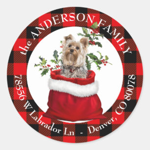 Sticker Rond Sac cadeau Yorkie Terrier Cadre Plaid Adresse de r