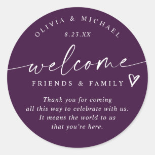 Sticker Rond Sac de bienvenue de mariage violet aubergine Hôtel