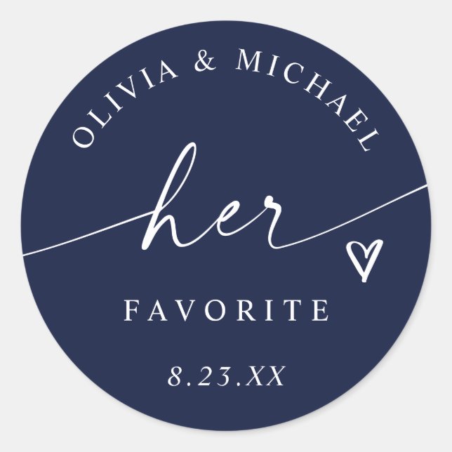 Sticker Rond Sac de mariage 'Navy Blue Her Favorite' avec écrit (Devant)