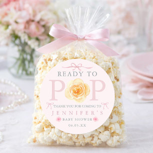 Sticker Rond Sac de pop-corn pour Baby Shower Prêt à éclater