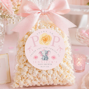 Sticker Rond Sac de pop-corn pour la baby shower Éléphant prêt 