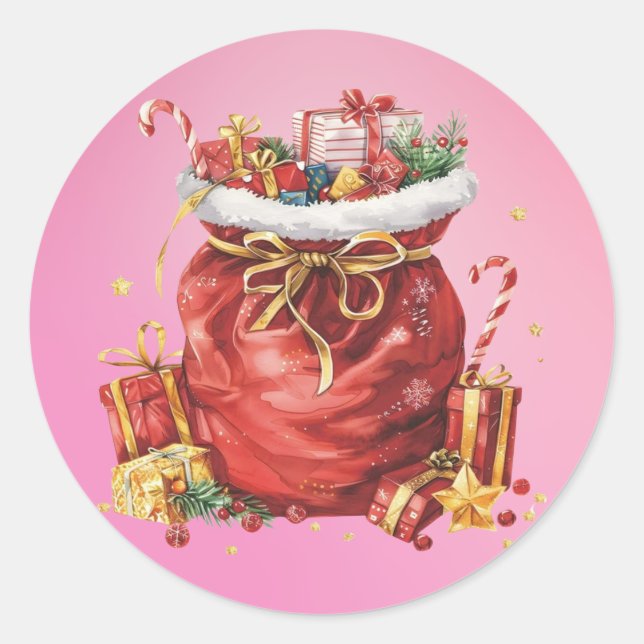 Sticker Rond Sacoche cadeau de Noël avec cadeaux (Devant)