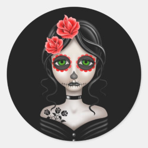 Sticker Rond Sad Day of the Dead Girl on Black
