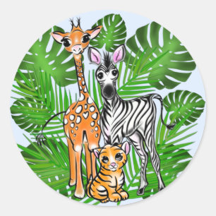Sticker Rond Safari amis, girafe, zèbre, tigre, palme feuilles