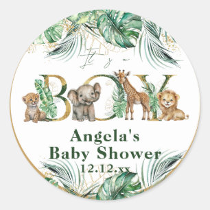 Sticker Rond Safari Animal Jungle Vert & Gold garçon Baby showe