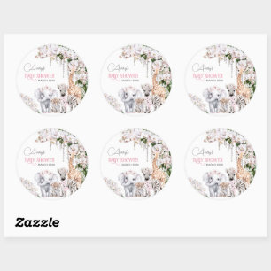 Sticker Rond Safari Animal Tropical Baby shower rose Fleur