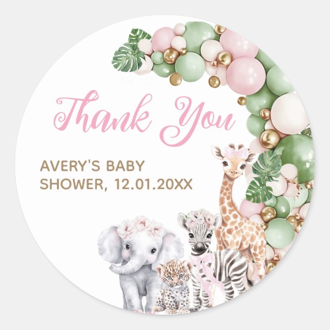 Sticker Rond Safari animal Tropical vert rose bébé fille douche (Devant)