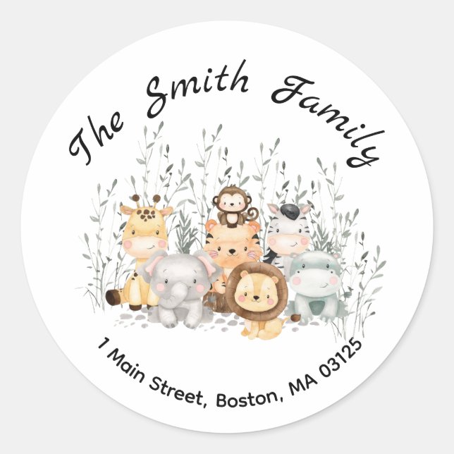 Sticker Rond Safari Animaux Baby shower Adresse de retour (Devant)