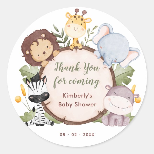 Sticker Rond Safari Animaux Baby shower Merci Favoriser (Devant)