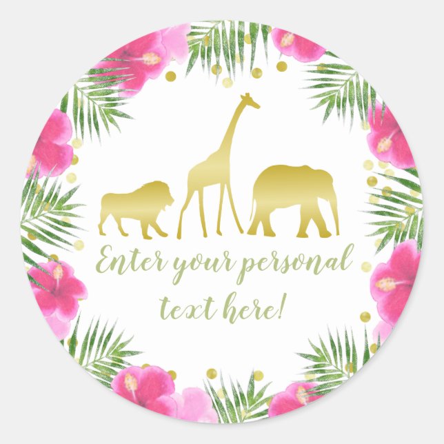 Sticker Rond Safari Animaux Baby showers rose et or (Devant)