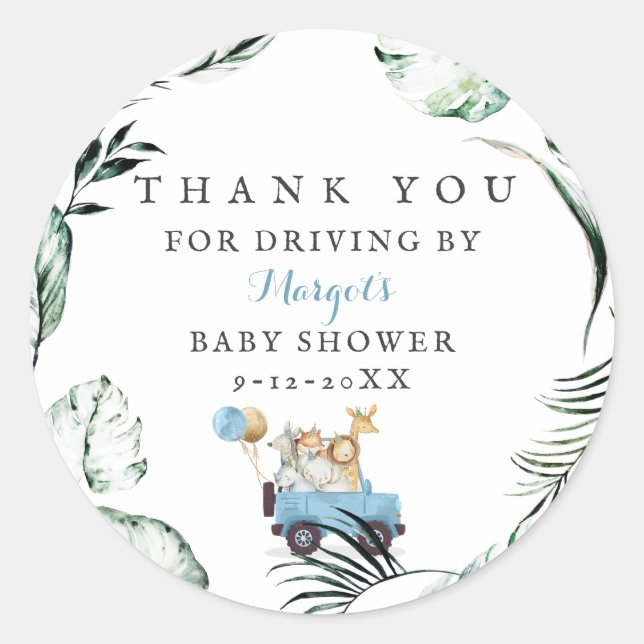 Sticker Rond Safari Animaux Conduite Par Baby shower Verdure Or (Devant)