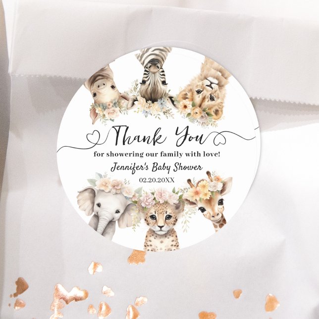 Sticker Rond Safari Animaux Fille Baby shower Classic Round (Créateur téléchargé)