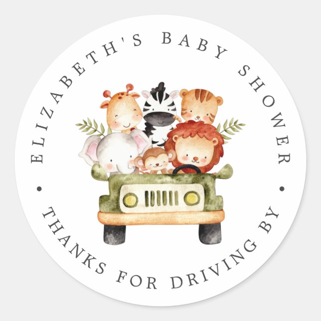 Sticker Rond Safari Animaux | Merci de Baby shower Drive-By (Devant)