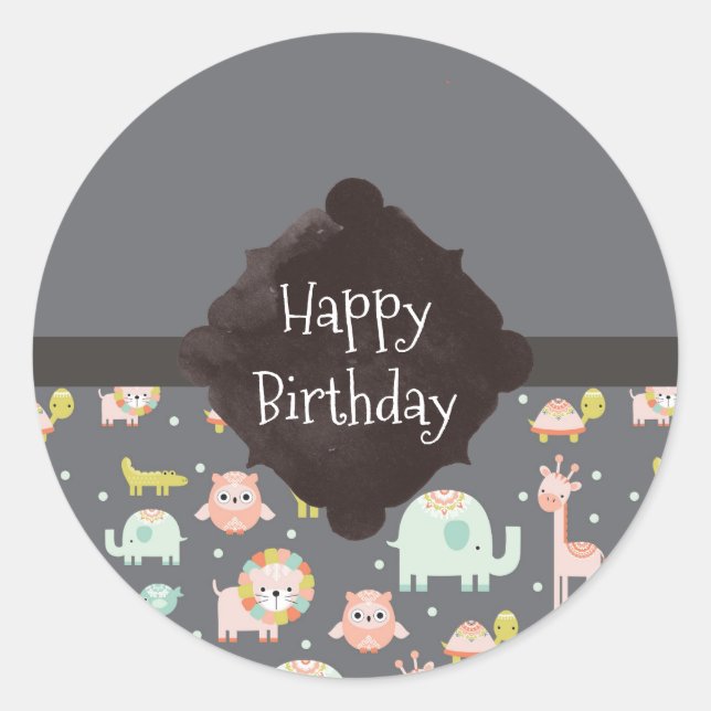 Sticker Rond Safari Animaux Motif Nursery Art Joyeux anniversai (Devant)