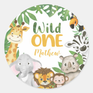 Sticker Rond Safari Animaux sauvages Un 1er anniversaire Jungle