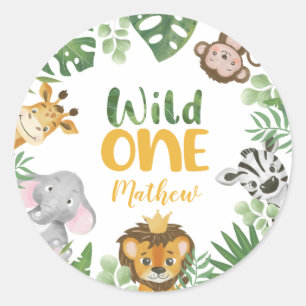 Sticker Rond Safari Animaux sauvages Un 1er anniversaire Jungle