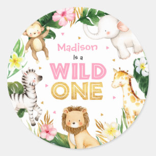 Sticker Rond Safari Animaux Wild Un 1er Décor de fête d'anniver