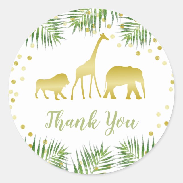 Sticker Rond Safari Baby shower Gold Green Merci tropical (Devant)