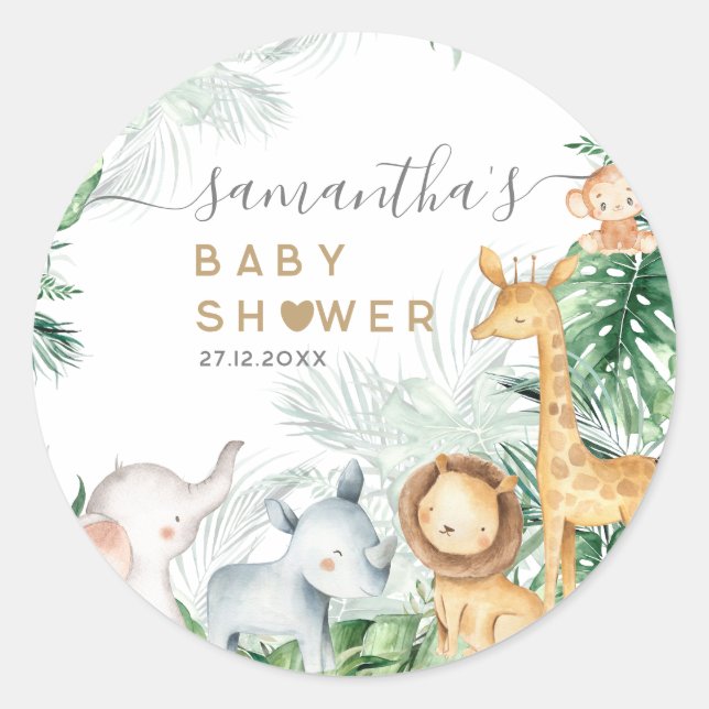 Sticker Rond Safari Bébé Animaux Baby shower de verdure (Devant)
