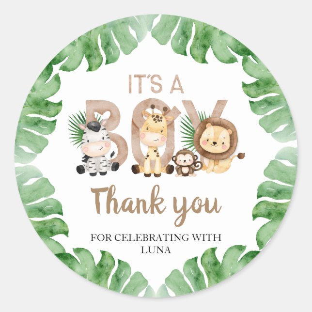 Sticker Rond Safari C'est un garçon Baby shower Favor (Devant)