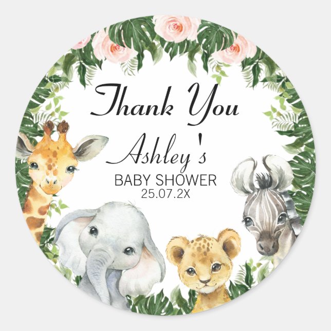Sticker Rond Safari Floral Foliage Baby shower Favoriser Sticke (Devant)