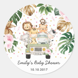 Sticker Rond Safari floral rose Animaux sauvages Baby shower Fa