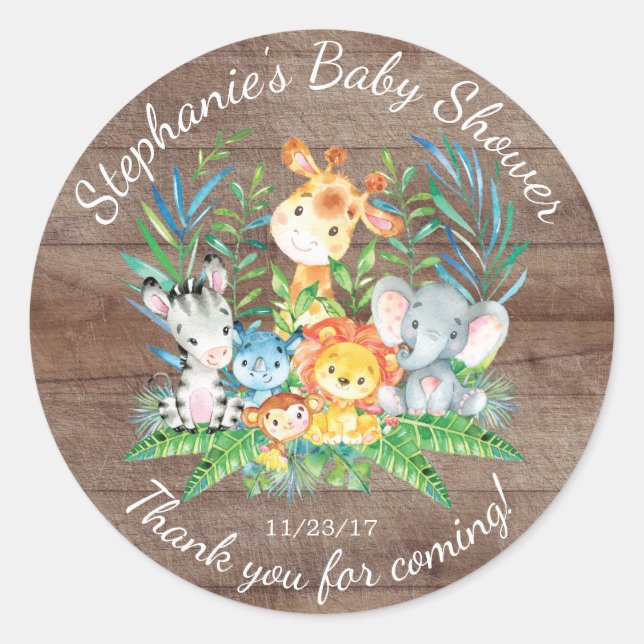 Sticker Rond Safari Jungle Animaux Baby shower Favoriser Sticke (Devant)
