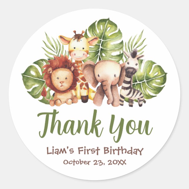 Sticker Rond Safari Jungle Animaux Feuille Merci Anniversaire (Devant)