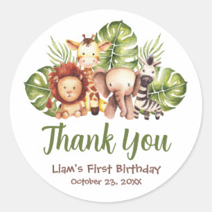 Sticker Rond Safari Jungle Animaux Feuille Merci Anniversaire