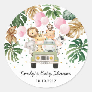 Sticker Rond Safari Jungle Animaux Végétation Ballons roses Béb