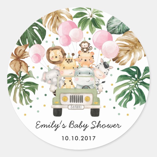 Sticker Rond Safari Jungle Animaux Végétation Ballons roses Béb (Devant)