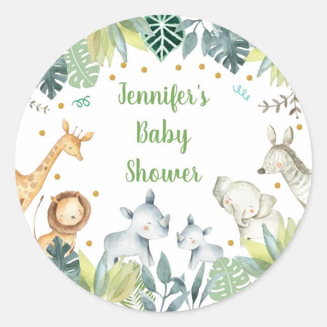 Sticker Rond Safari Jungle Baby shower Vert & Or (Devant)